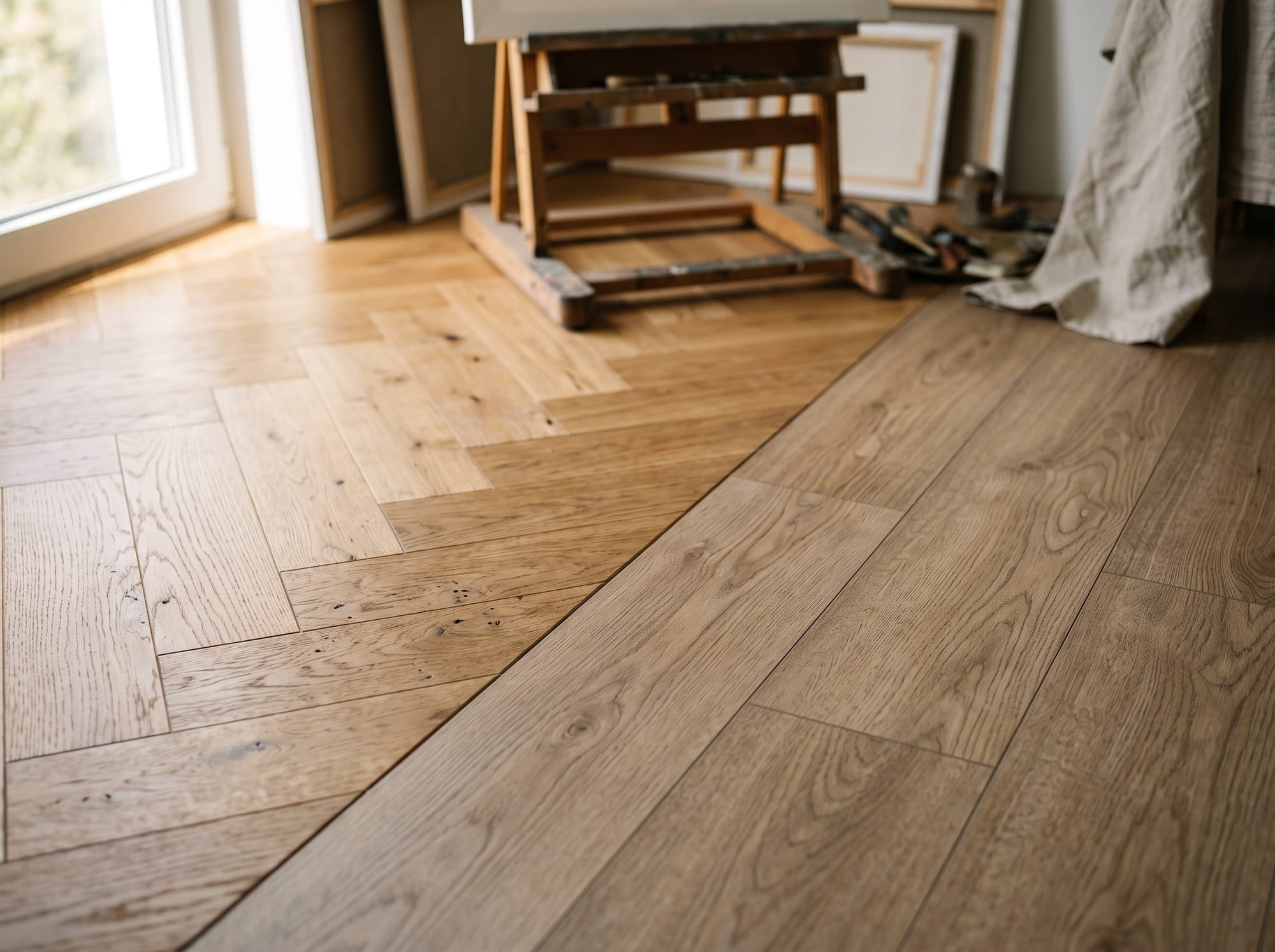 Verlegter Bodenbelag aus Parkett und Designvinyl im Detail
