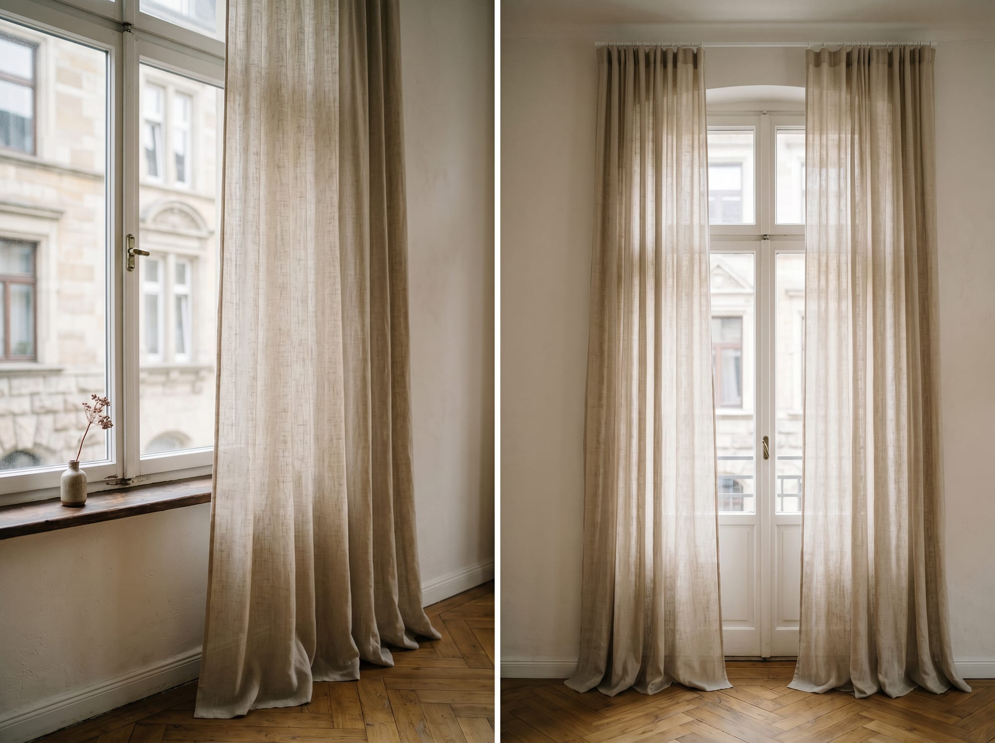 Maßgefertigte Gardinen und Vorhänge an einem Kölner Altbau-Fenster