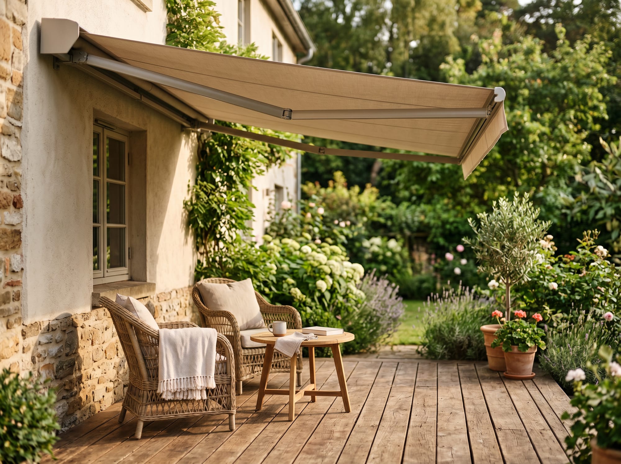 Montierte Gelenkarm-Markise über einer Terrasse