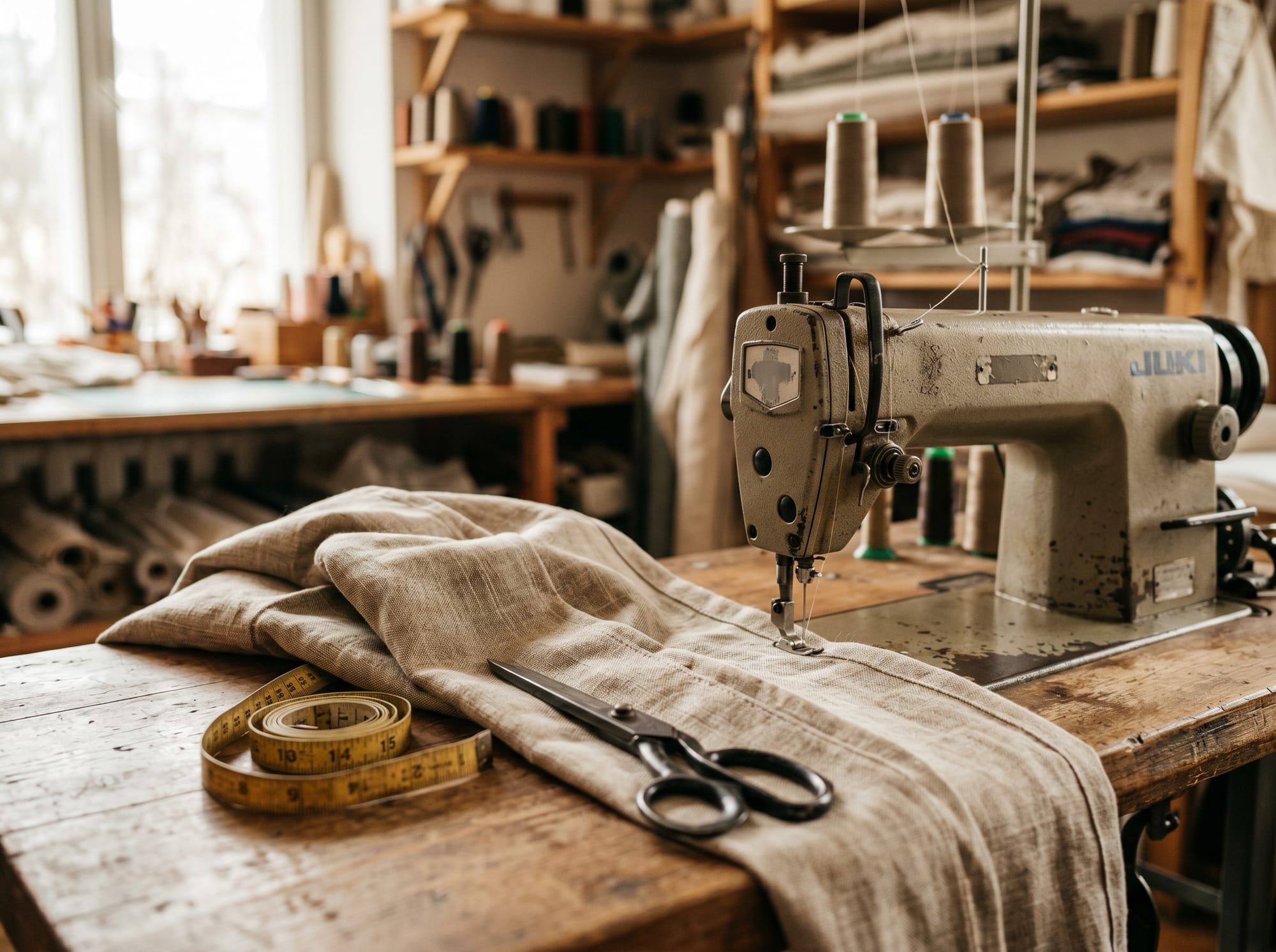 Nähatelier mit Nähmaschine und Vorhangstoff